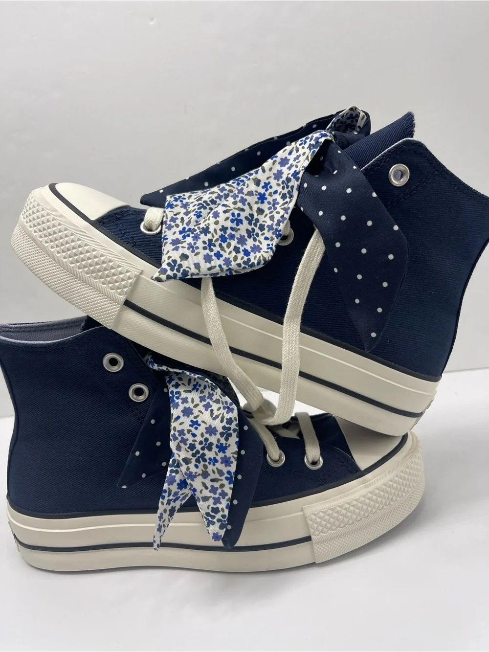 Converse CTAS High Top Platform Sneakers in Navy with Polka-Dot Scarf Laces
